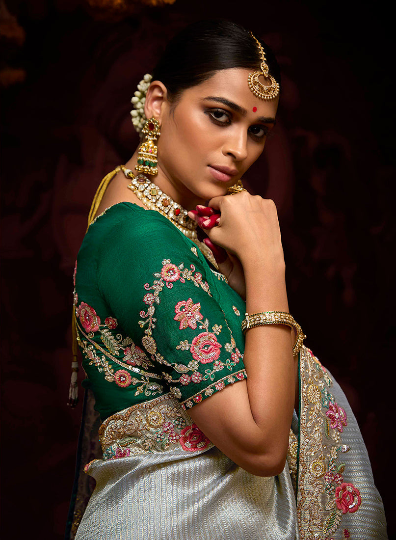 Grey Kanjivaram Silk Saree with Sequin Work and Matching Blouse