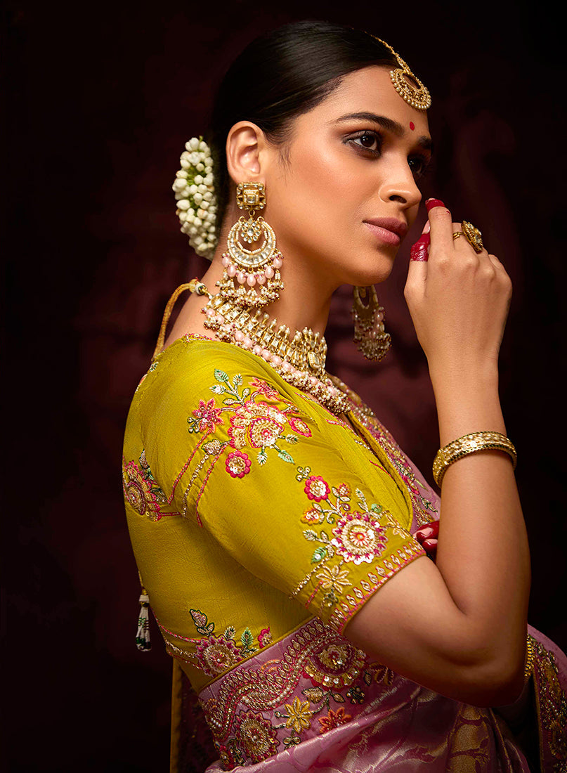Purple and Pink Traditional Embroidered Sequins Zari Saree