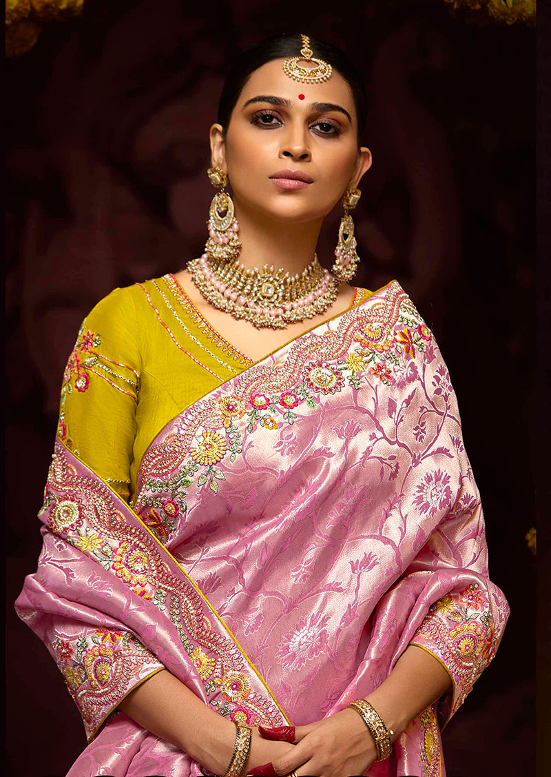Purple and Pink Traditional Embroidered Sequins Zari Saree