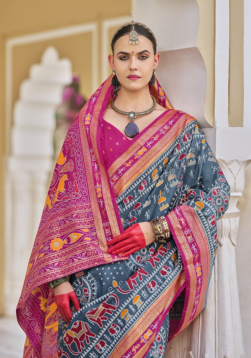 Grey Silk Saree with Elegant Foil Print Work