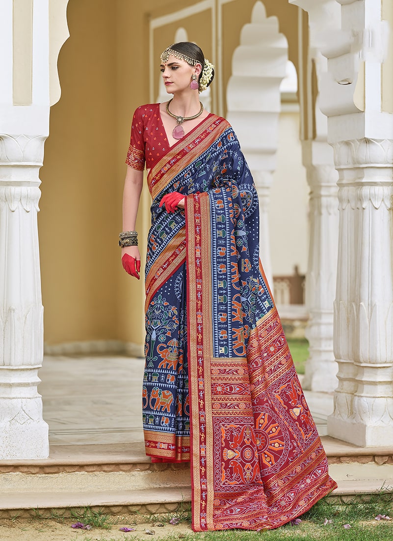 Navy blue silk saree with shimmering foil print work
