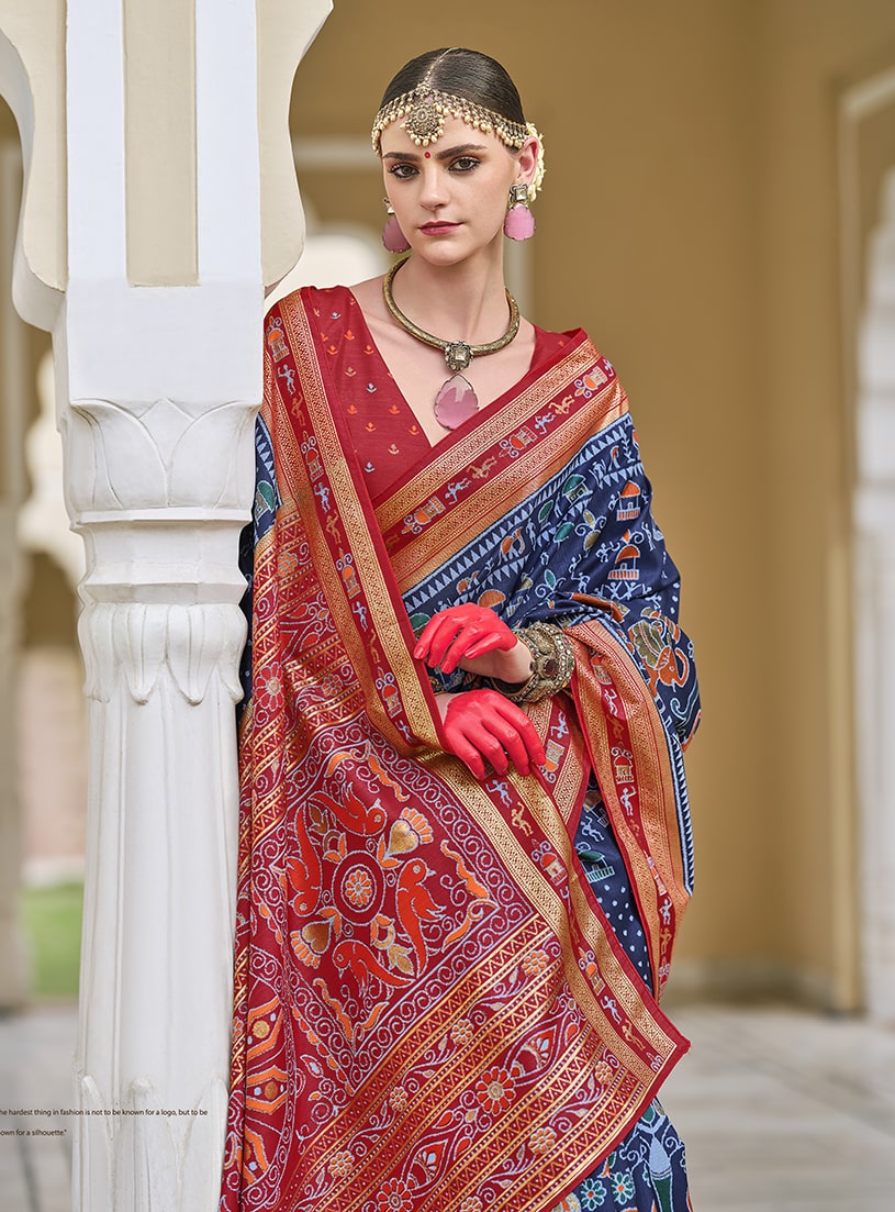 Navy Blue Silk Saree With Elegant Foil Print Work