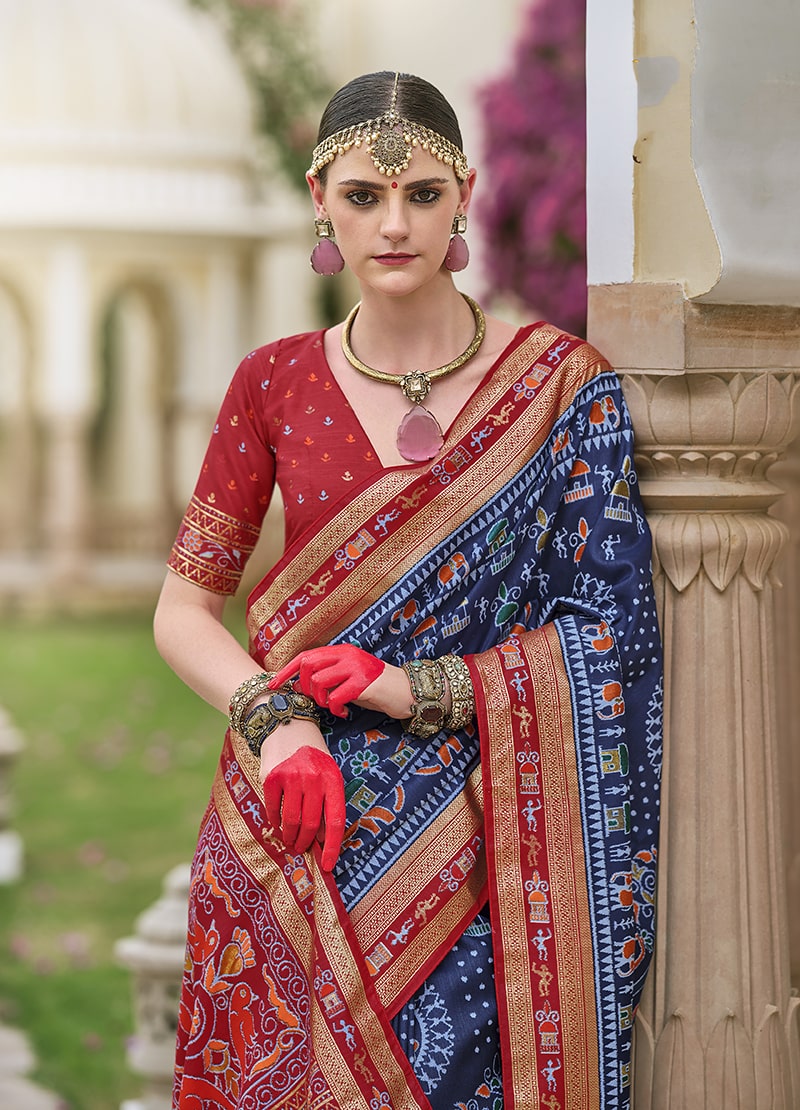 Navy Blue Silk Saree With Elegant Foil Print Work