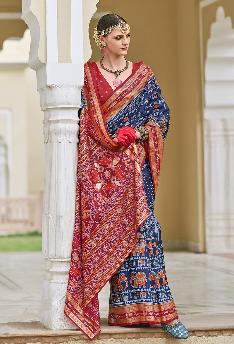 Navy Blue Silk Saree With Elegant Foil Print Work