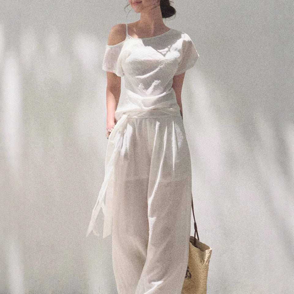 Off-Shoulder Linen Blend Two-Piece Set with Lace Trim - Image 4