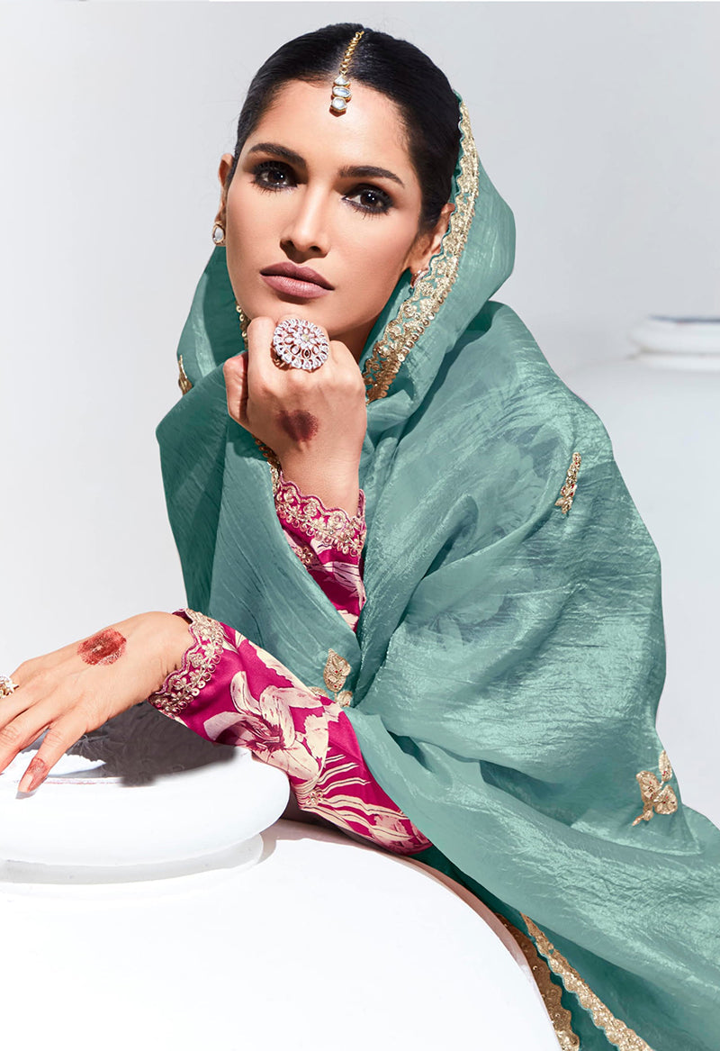 Aqua Blue Embroidered Organza Silk Saree for Festive Occasions