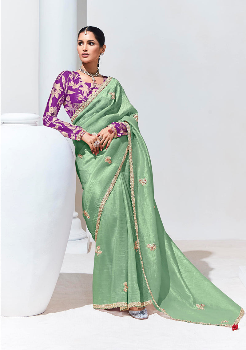 Blue and grey embroidered contemporary saree in fancy fabric