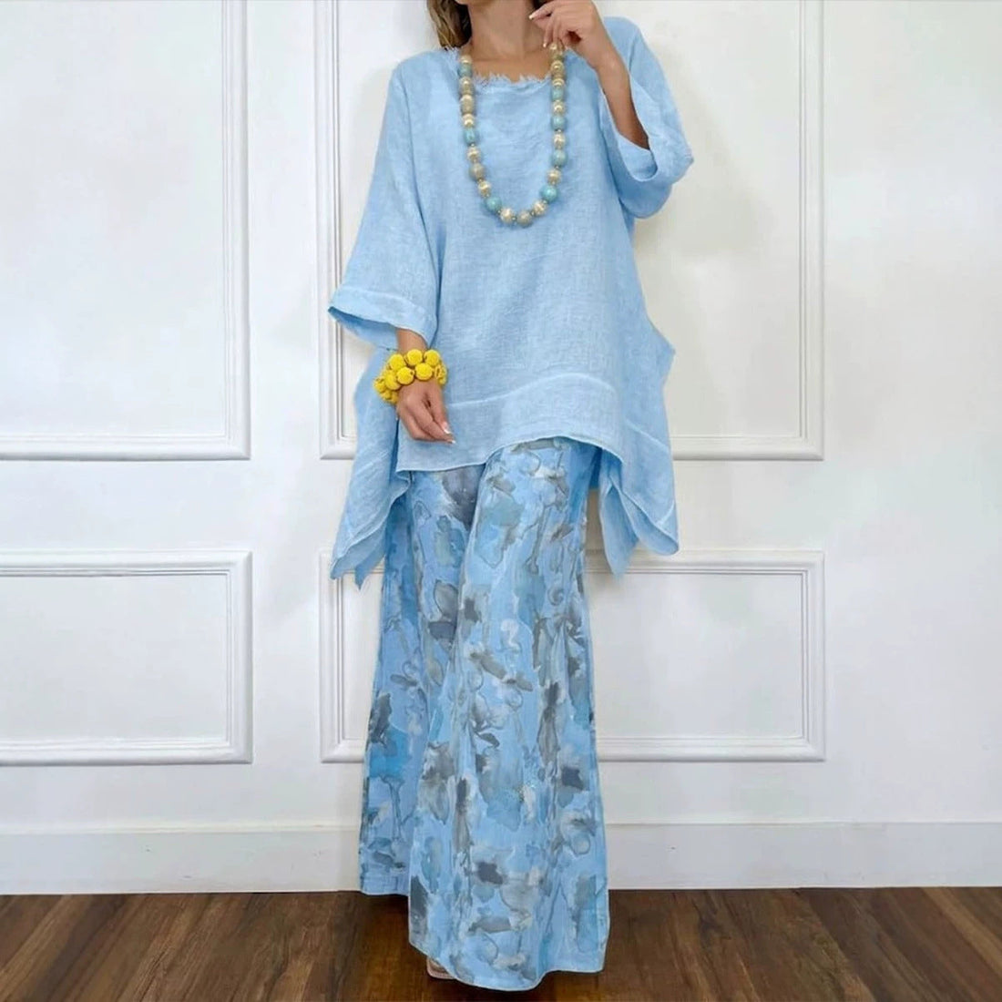 Cotton-Linen Irregular Hem Drop-Shoulder Top & Wide-Leg Pants Set | 3 Colors