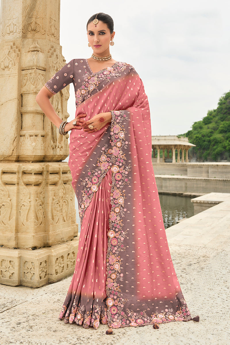 Pink Silk Blend traditional reception saree with stone embellishments