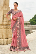 Pink Silk Blend traditional reception saree with stone embellishments