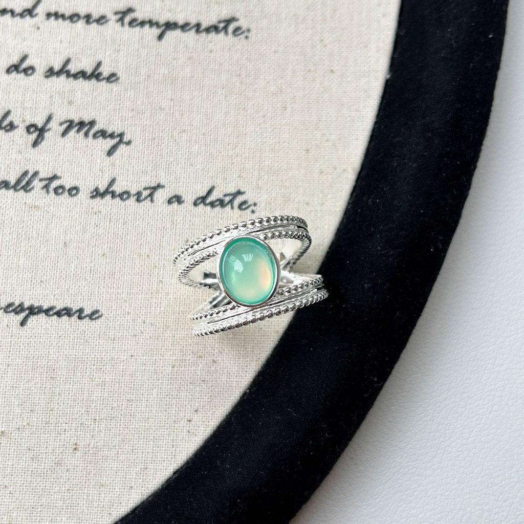 S925 Sterling Silver Retro Green Double-Strand Ring For Women Open-End Adjustable