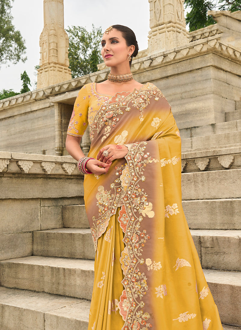 Yellow Embroidered Silk Blend Saree for Wedding & Festive Wear
