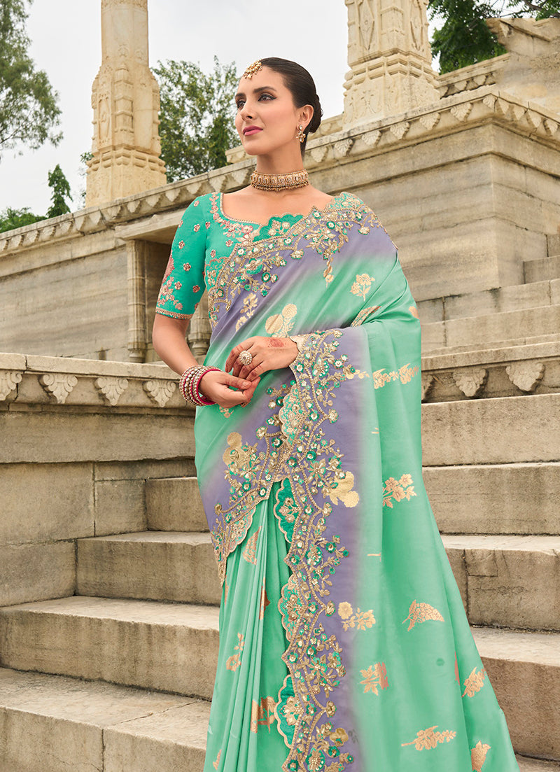 Turquoise Silk Blend Cut Work Saree for Classic Elegance