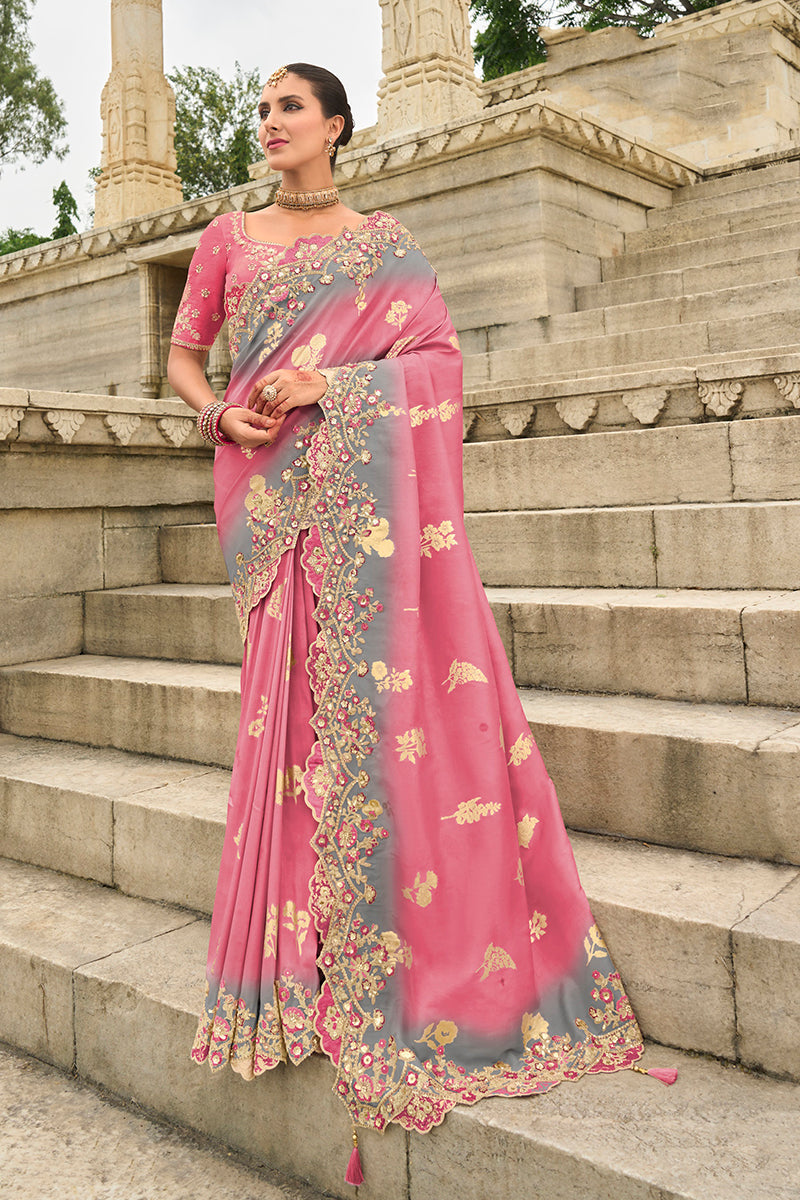 A stunning pink embroidered silk blend contemporary saree for sangeet