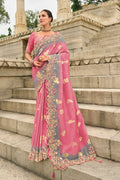 A stunning pink embroidered silk blend contemporary saree for sangeet