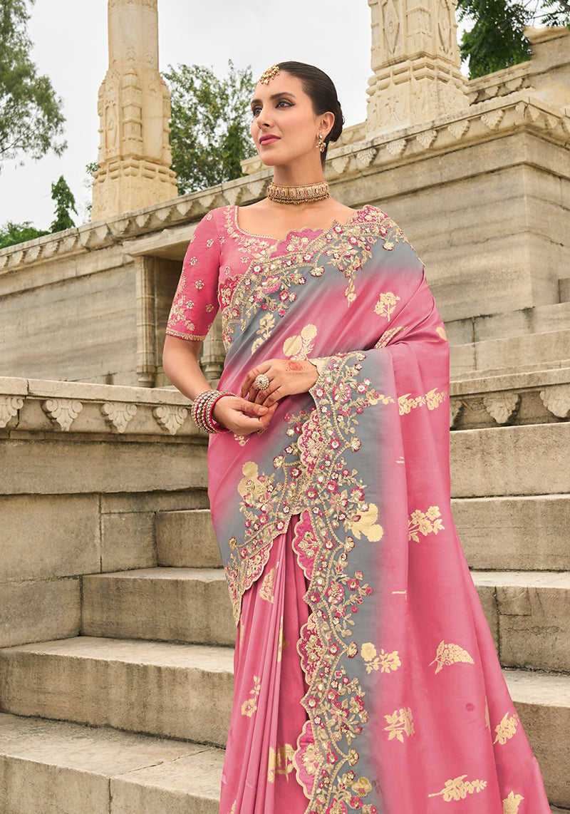 Pink Embroidered Silk Blend Contemporary Saree for Sangeet