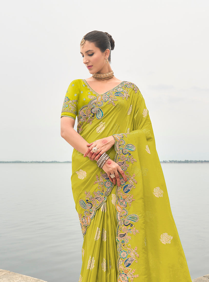 Green Embroidered Silk Blend Designer Saree