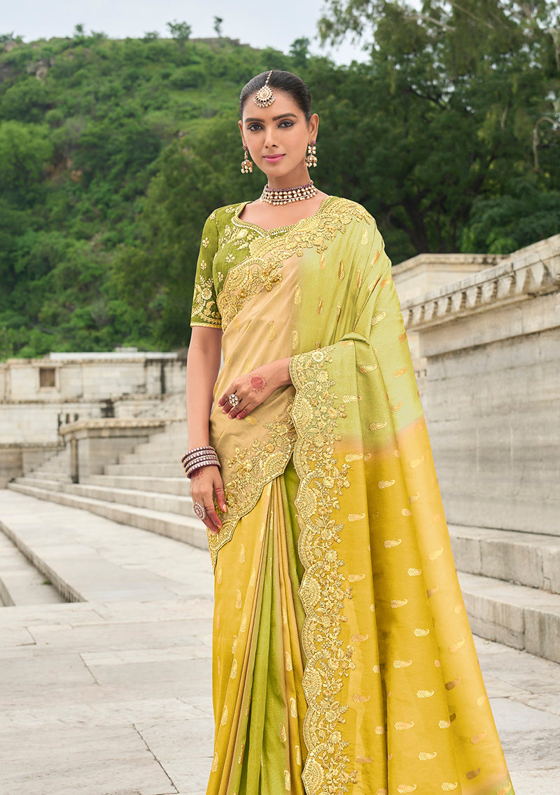 Green and Yellow Stone Embellished Silk Blend Saree