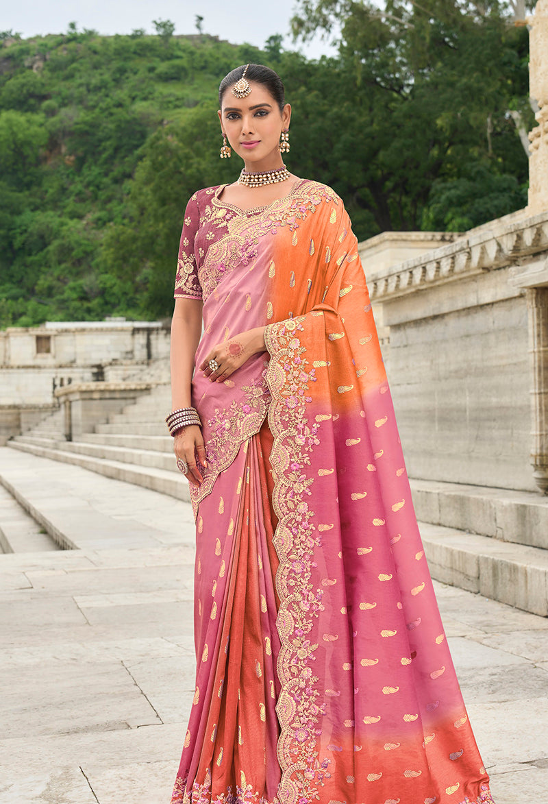 Pink and Orange Buttis Trendy Silk Blend Saree