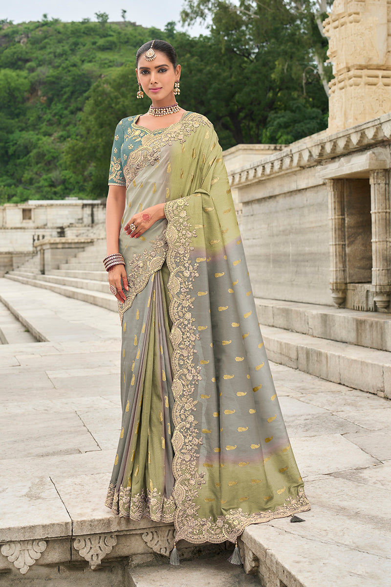Elegant Green and Grey silk blend wedding saree with detailed embroidery