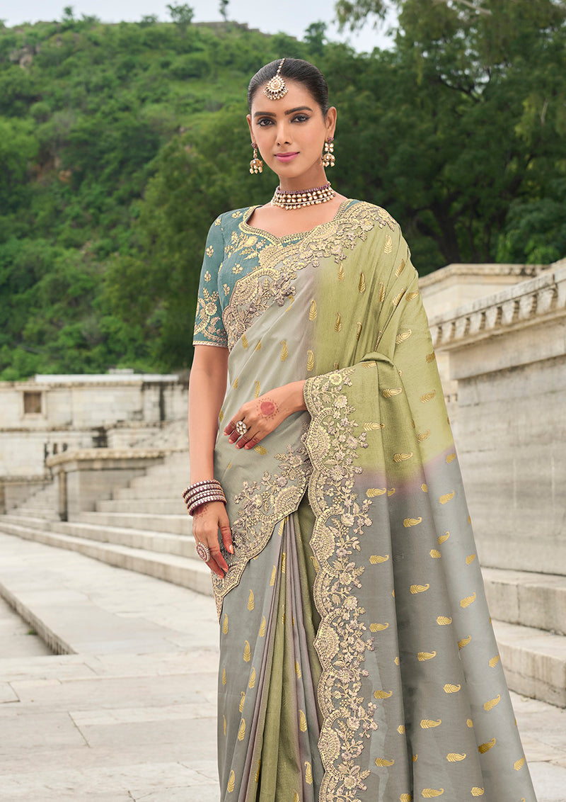 Embroidered Green and Grey Silk Blend Wedding Classic Saree