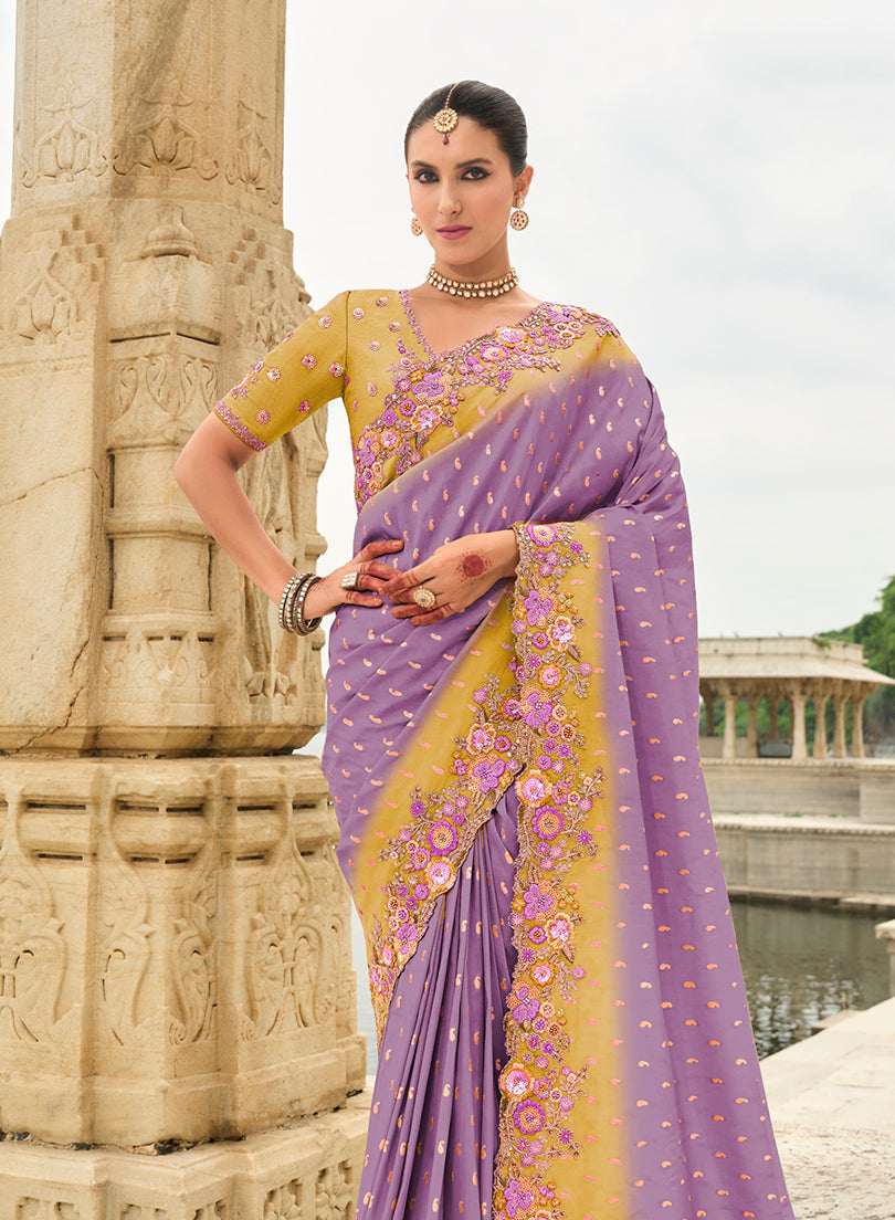 Lavender Embroidered Silk Blend Trendy Saree