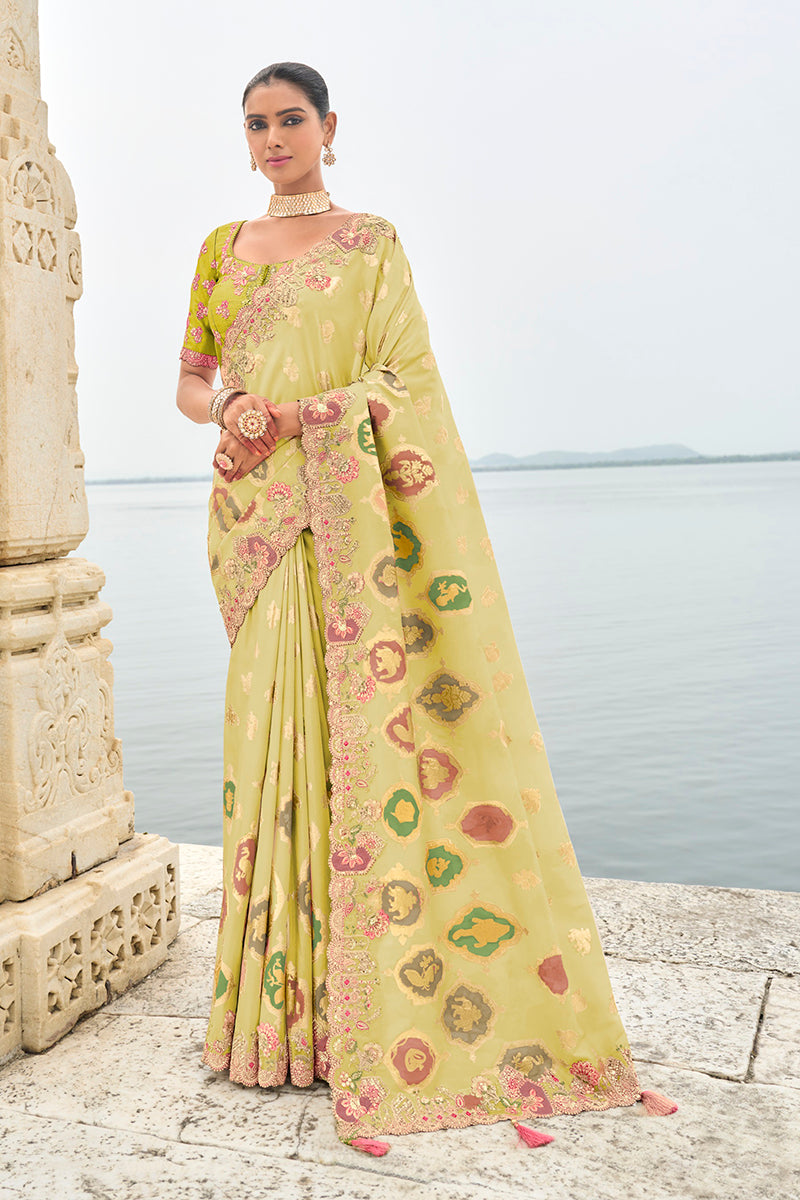 Elegant stone green silk blend saree with smooth, sophisticated drape