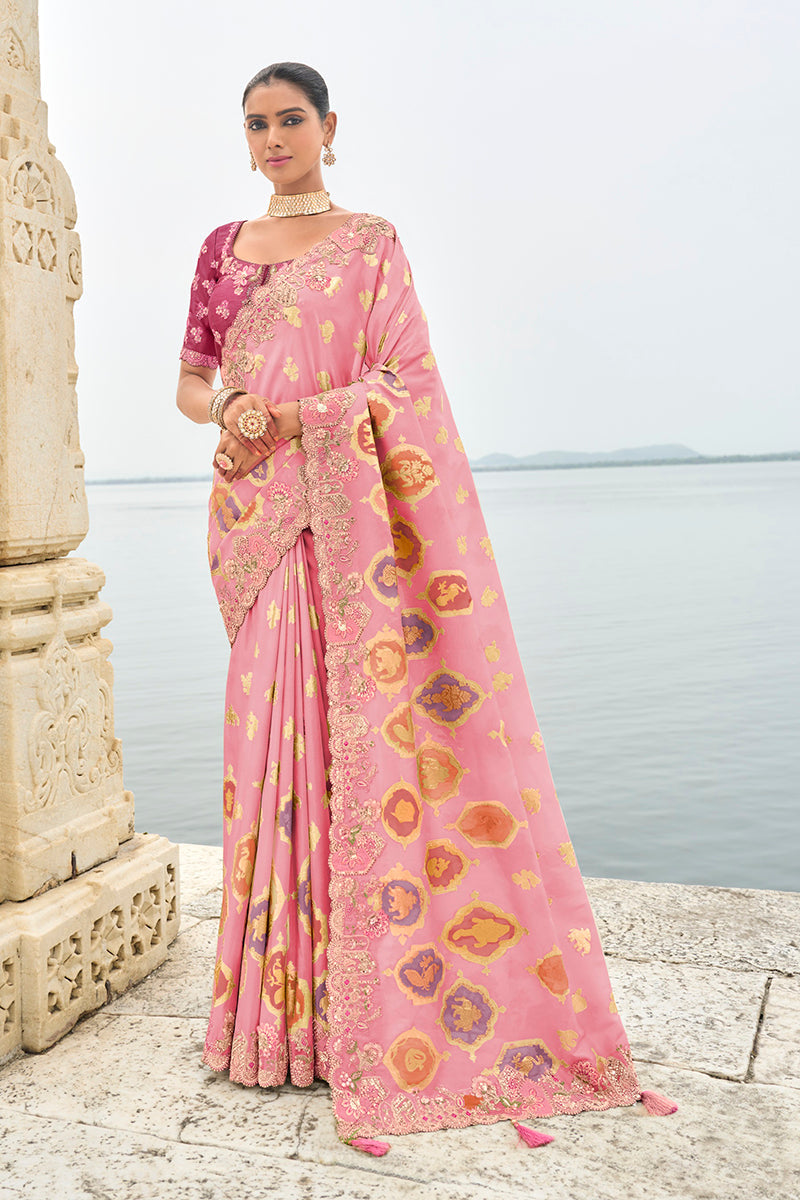 Pink silk blend saree with intricate contemporary cutwork design
