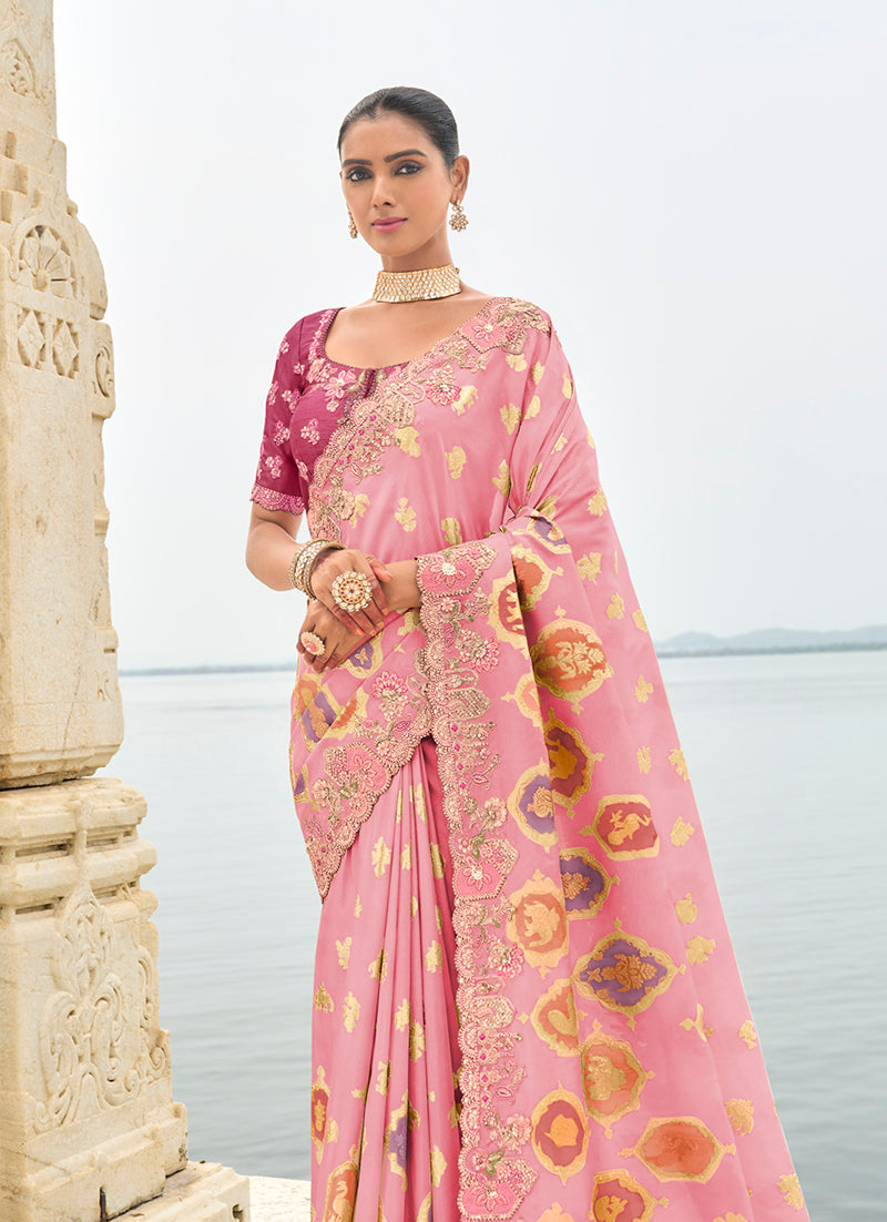 Pink Cutwork Silk Blend Contemporary Saree