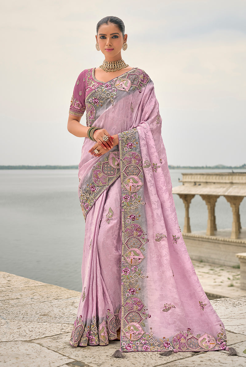 Lavender Banarasi silk blend saree with heavy patchwork border