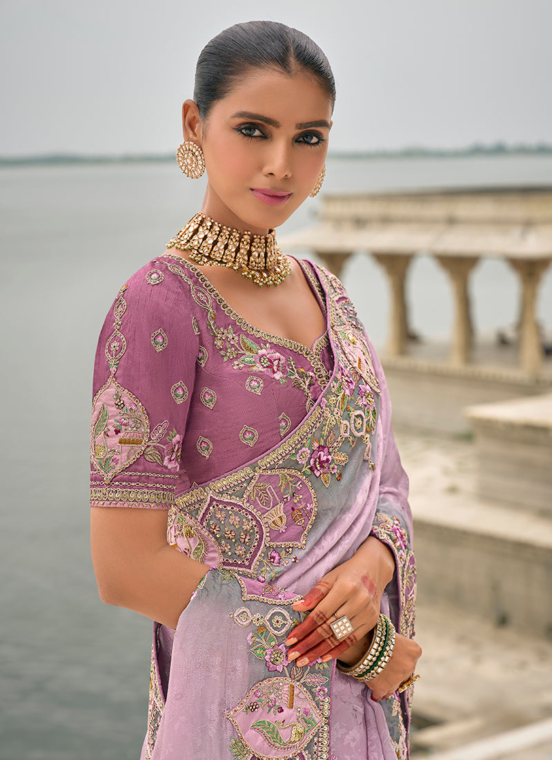 Lavender Banarasi Silk Blend Embroidered Saree