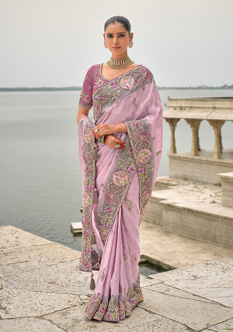 Lavender Banarasi Silk Blend Embroidered Saree