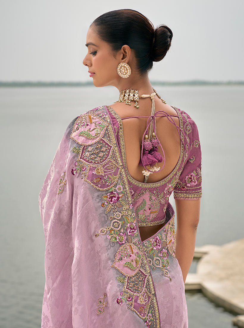 Lavender Banarasi Silk Blend Embroidered Saree