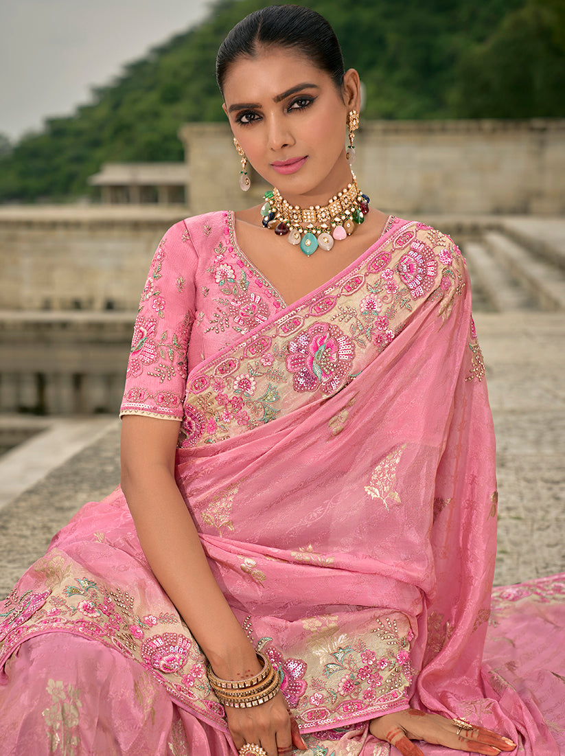 Pink Banarasi Silk Blend Saree with Sequin and Heavy Patchwork