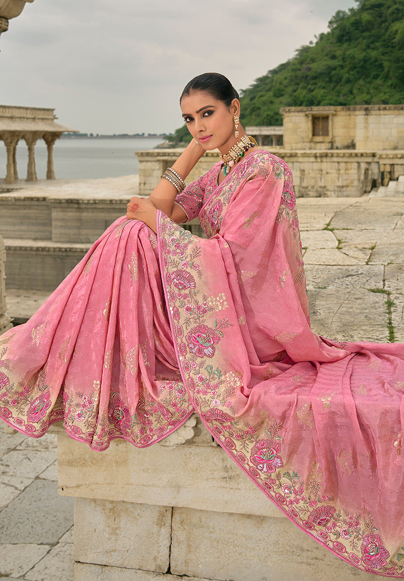 Pink Banarasi Silk Blend Saree with Sequin and Heavy Patchwork