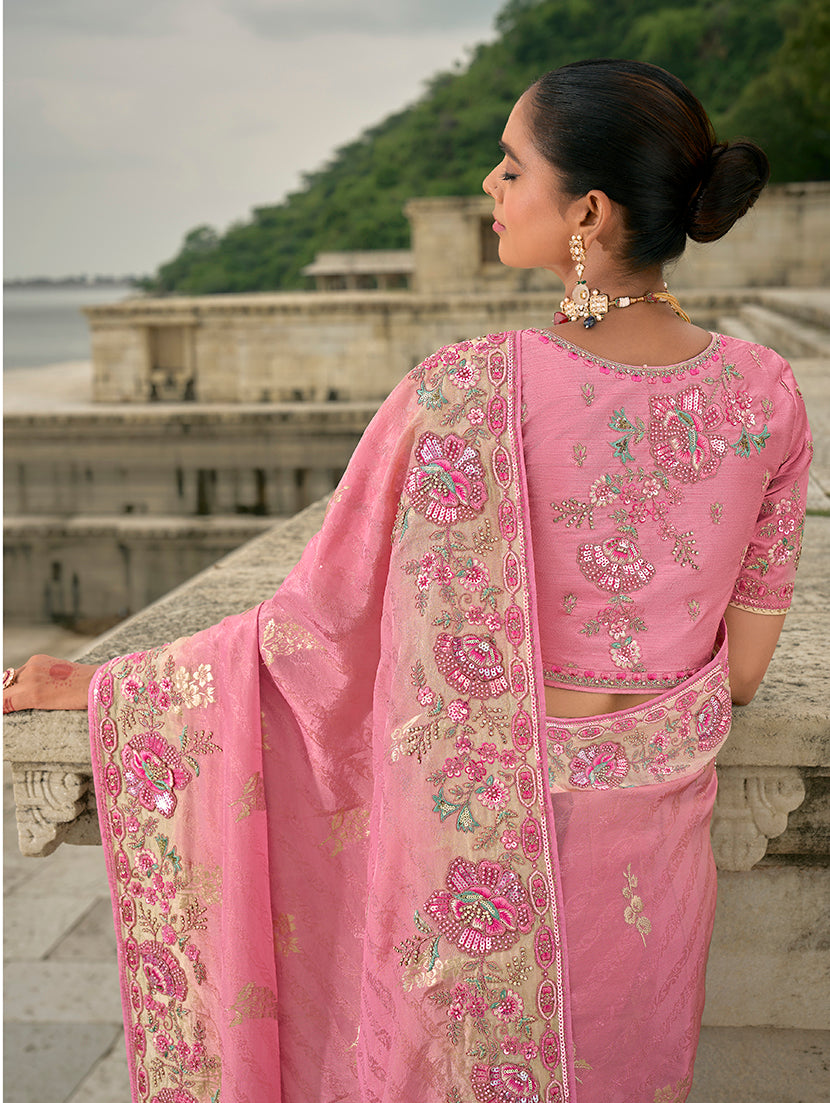 Pink Banarasi Silk Blend Saree with Sequin and Heavy Patchwork