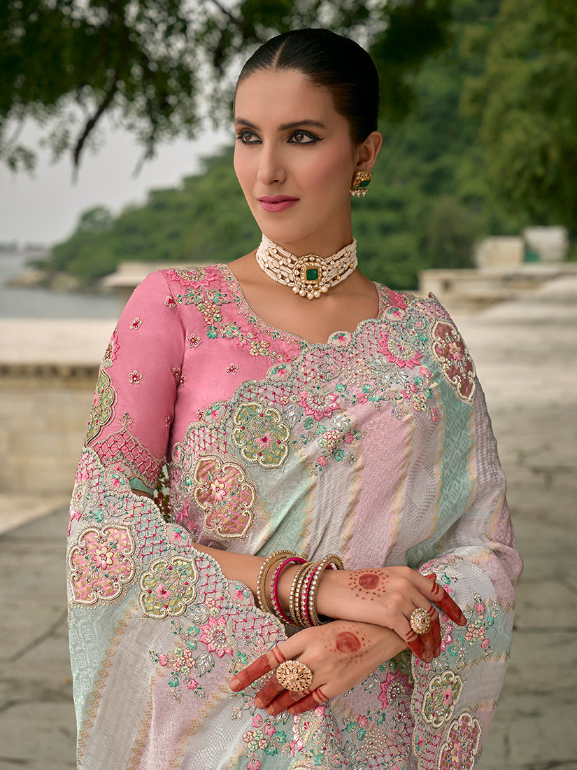 Multicolor Banarasi Silk Blend Embroidered Saree with Patchwork