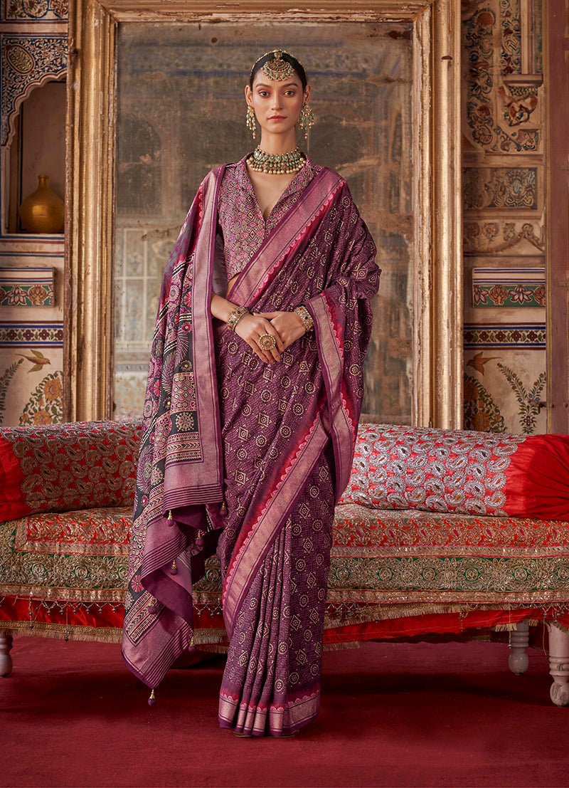 Burgundy silk blend saree with contemporary prints