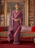 Burgundy silk blend saree with contemporary prints
