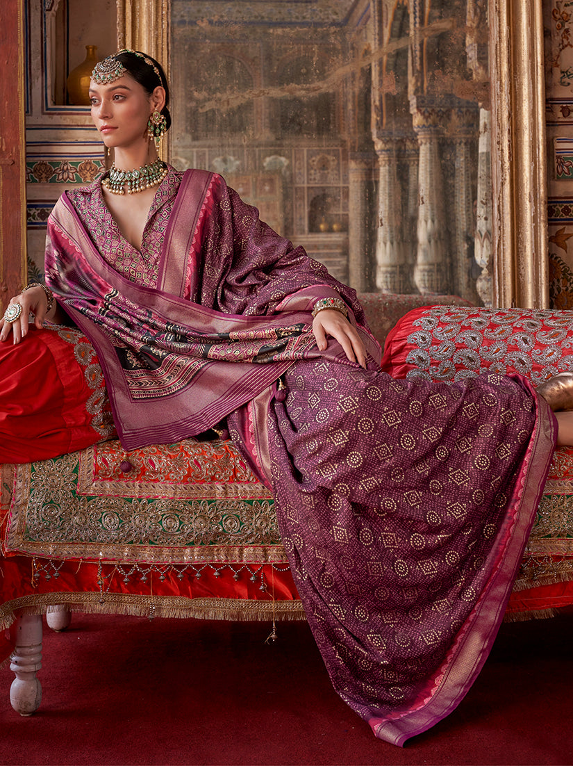 Burgundy Silk Blend Printed Contemporary Saree