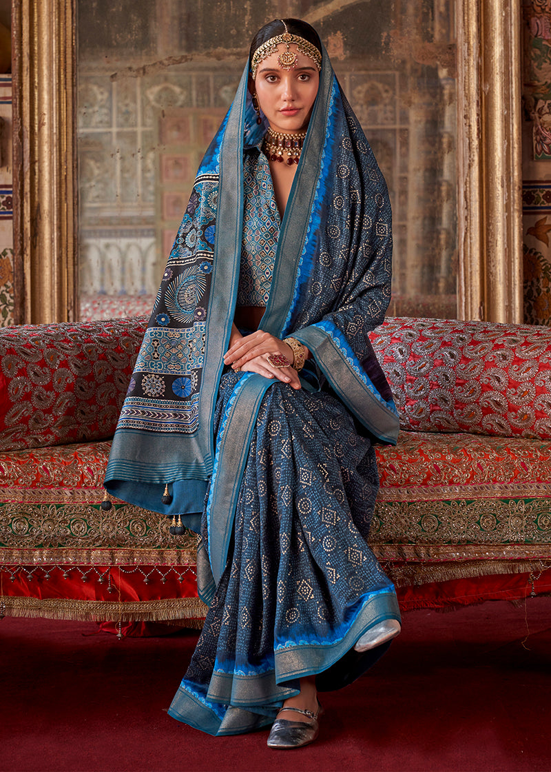 Blue Printed Contemporary Silk Blend Saree for Women