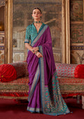 Magenta silk blend saree with contemporary prints