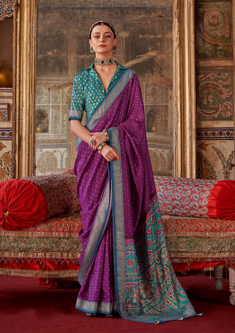 Magenta silk blend saree with contemporary prints