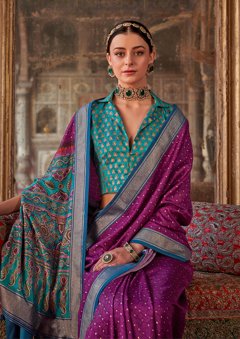 Magenta Silk Blend Printed Contemporary Saree