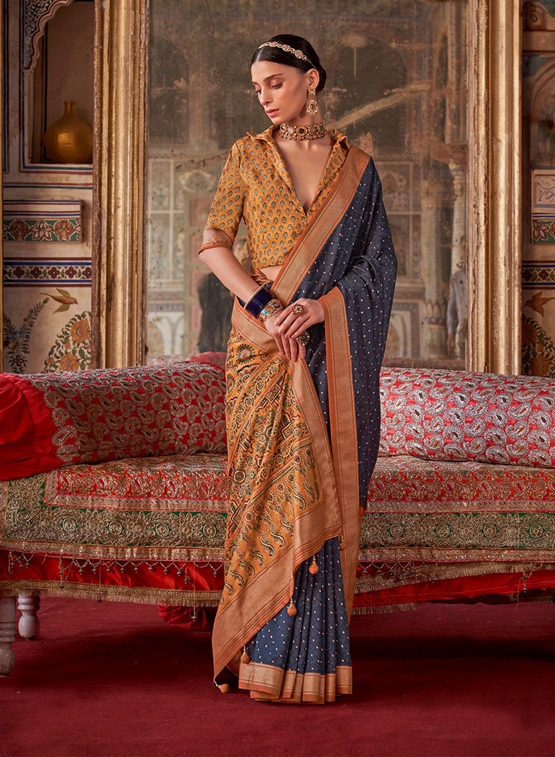 Navy Blue Silk Blend Printed Contemporary Saree for Women