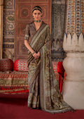 Brown contemporary printed saree in silk blend fabric
