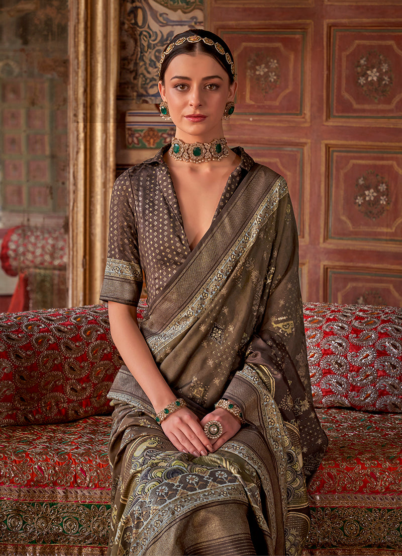 Brown Printed Contemporary Silk Blend Saree for Women