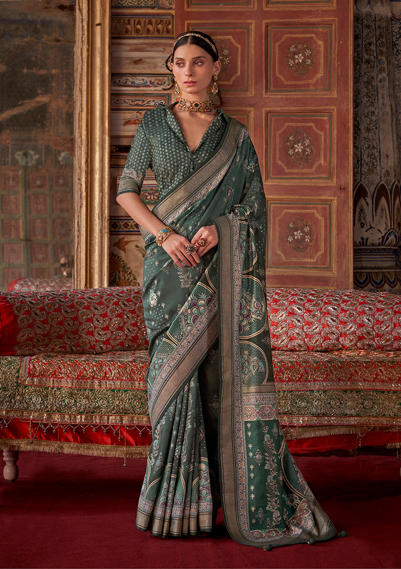 Dark green silk blend printed contemporary designer saree
