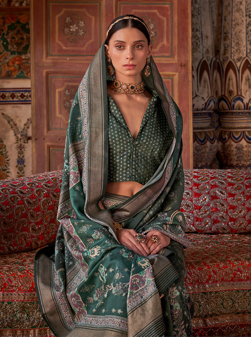 Dark Green Silk Blend Printed Contemporary Saree