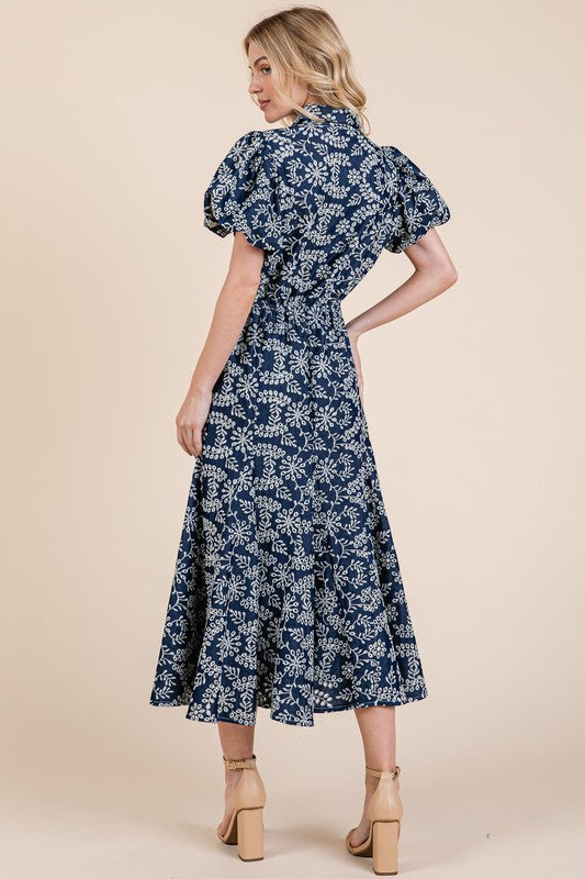 Leaf Pattern Eyelet Lace Puff Sleeve Midi Dress